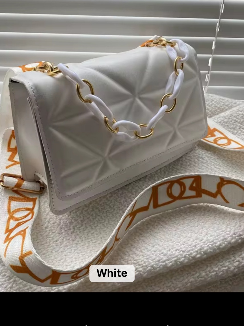 White Quilted Chain-Detail Shoulder Bag